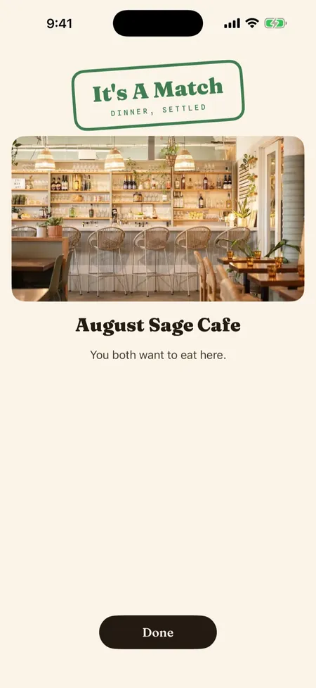 Chewsy showing It's A Match on August Sage Cafe, with both of you wanting to eat there