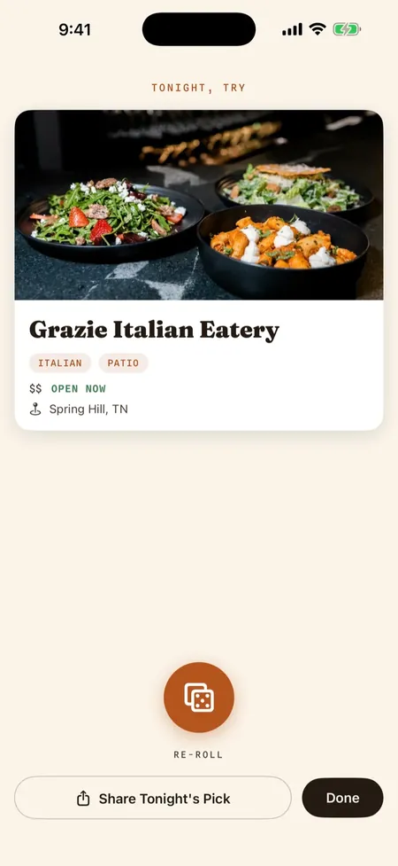 Pick For Us landing on a single restaurant